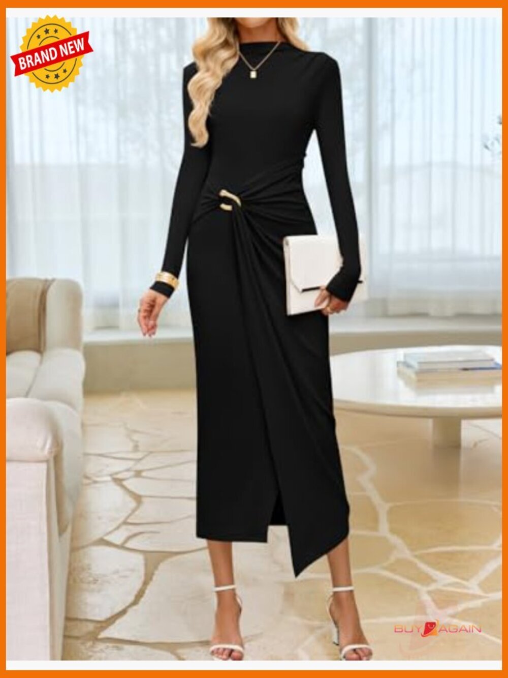 Long Sleeve Mock Neck Bodycon Midi Dress Wedding Guest Cocktail Party - Picture 3 of 7
